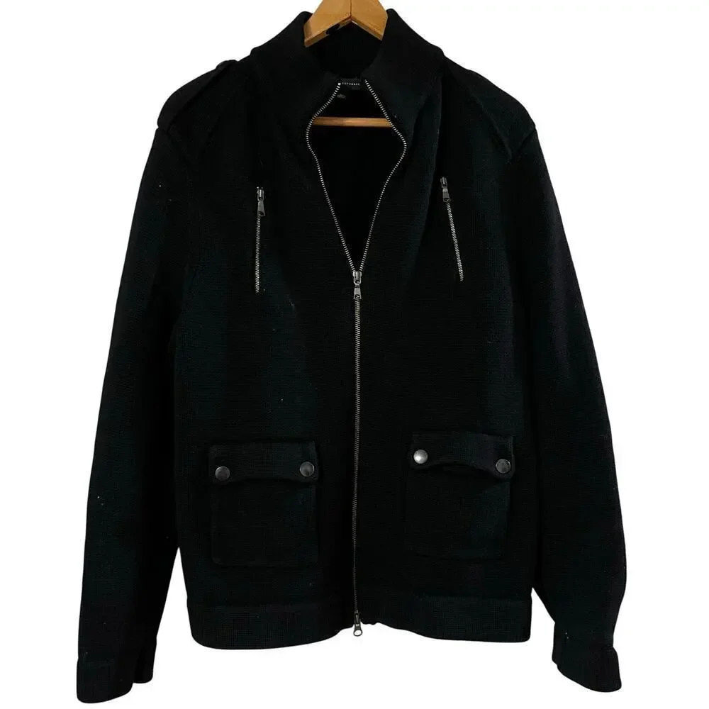 Banana Republic Mens Heavy Black Knit Military Style Wool Cardigan Size Large
